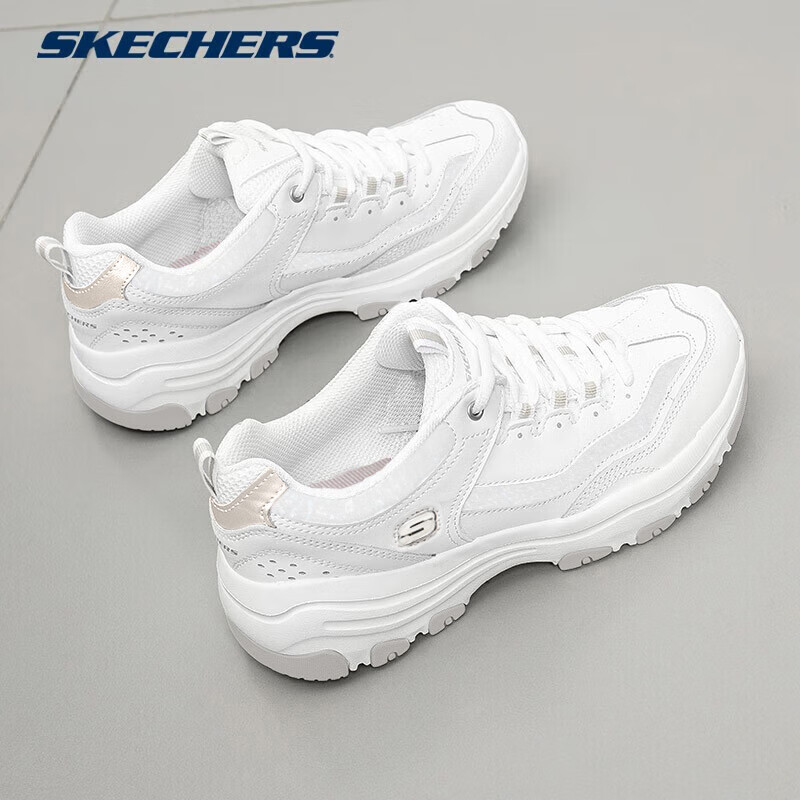 斯凯奇（Skechers）女鞋夏季2025新款网面小白鞋休闲运动鞋厚底增高老爹鞋熊猫鞋女 白色-WHT 35