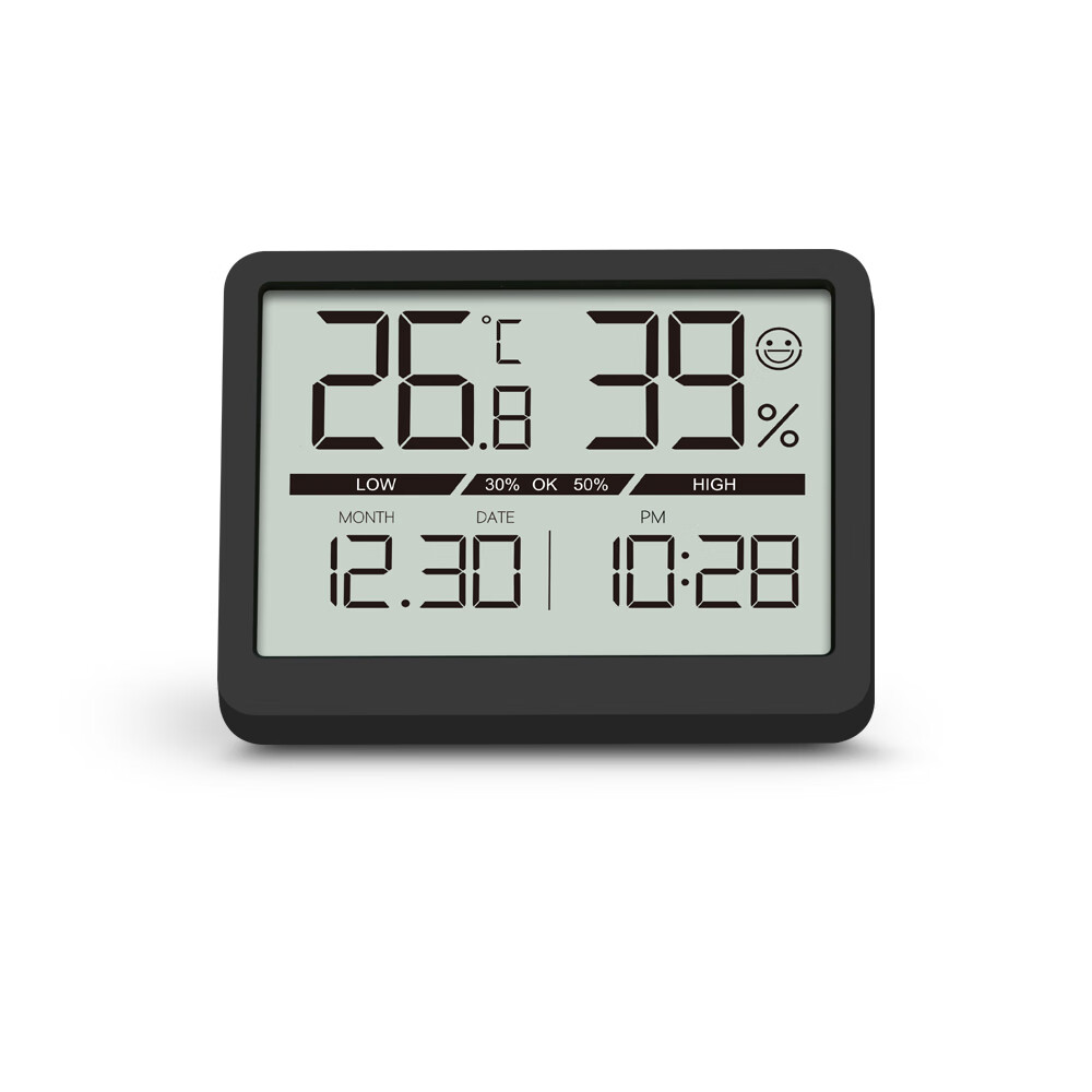 LCD家用温湿度计创意学生仪表 简约多功能床头数字温湿度时钟时间 黑色