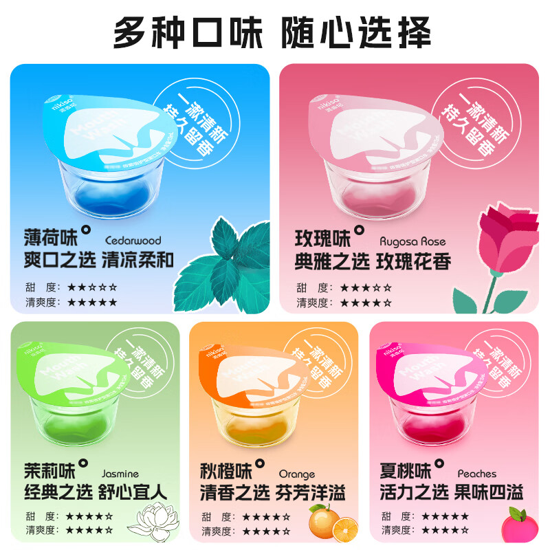 nikiso漱口水便携果冻杯独立小包装去牙渍口臭清新口气漱口水套装0酒精 【热销爆款】 13ml*20粒 五种口味