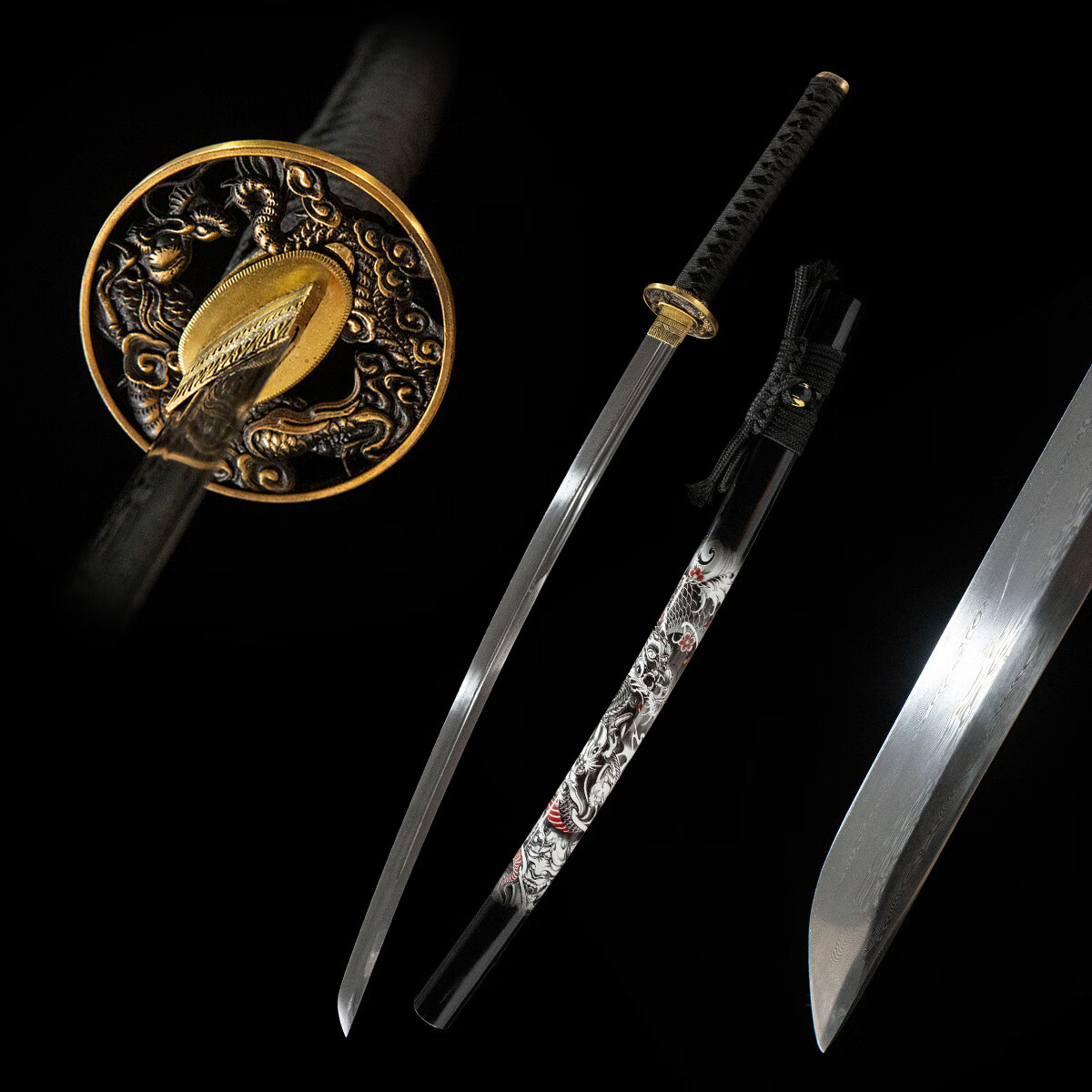 龙虎刀剑龙泉市手工花纹钢一体刀日本刀居合长刀龙工艺品katana未开刃