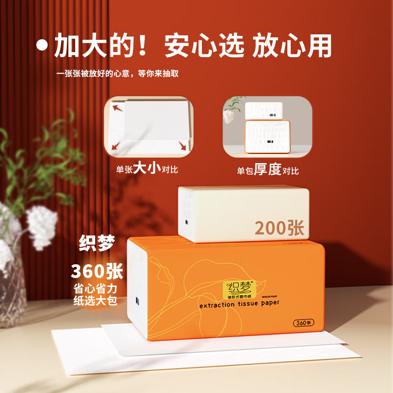 织梦【甄选好物】 大包抽纸巾4层360张木浆本色纸巾抽餐巾纸卫生纸抽 24包