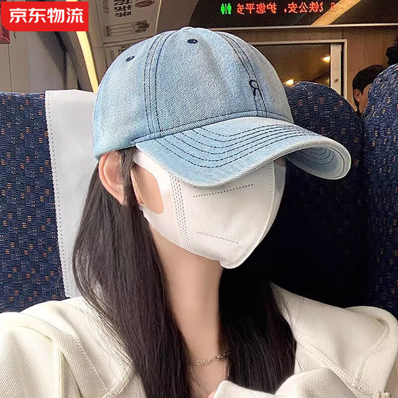 納斯迪倫鯊魚大頭圍鴨舌帽女2025新款牛仔刺繡棒球帽寬帽檐大臉顯臉小防曬帽子 天晴藍(lán) 均碼