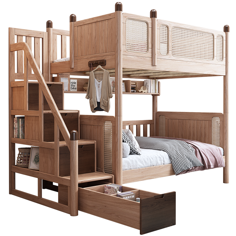 优漫佳 白蜡木高低床北欧简约双层床全实木儿童床上下床男孩加高护栏 高低床+梯柜(不含书架) 上下同宽1.35*2米【备注直梯/爬梯】