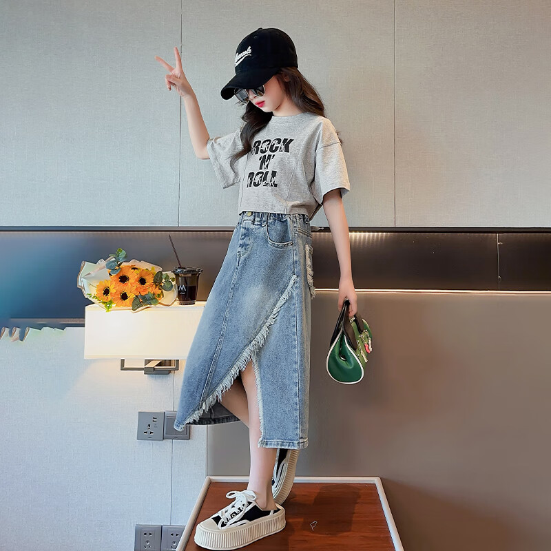 细仔码头儿童装女童牛仔半身裙中大童女孩休闲流苏鱼尾裙韩版中长款裙子潮 蓝色开叉裙 YDYG 160