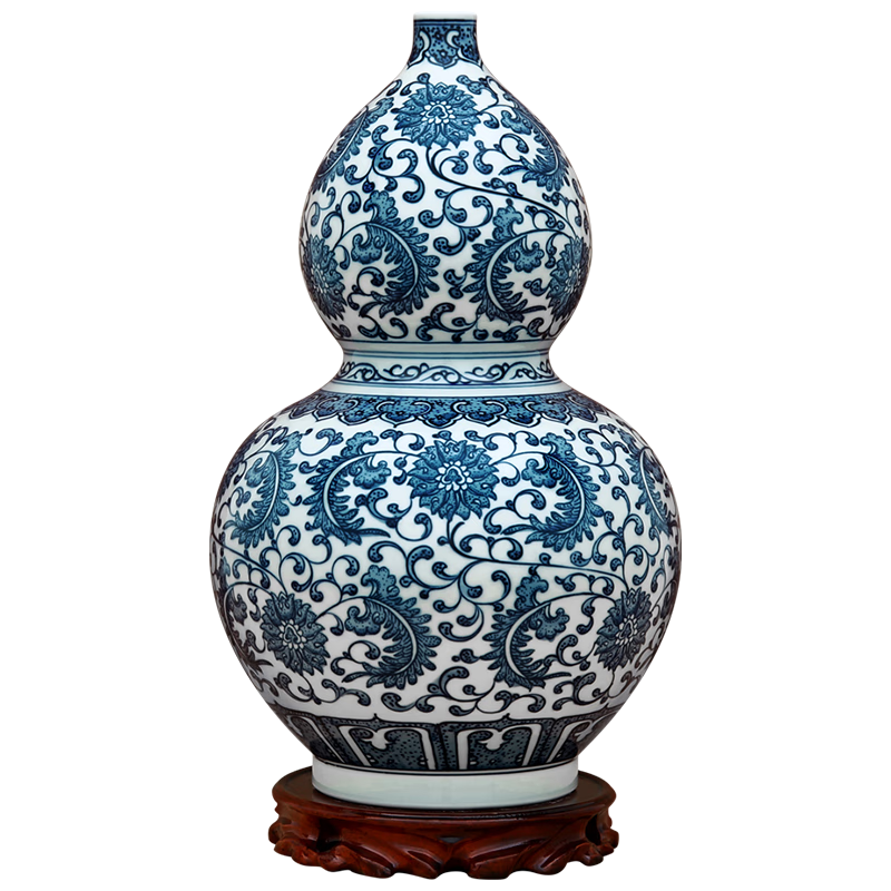 傲世景德鎮(zhèn)陶瓷器仿古手繪青花瓷瓶工藝品客廳擺件博古架辦公室裝飾品 青花葫蘆瓶+底座+證書+錦盒