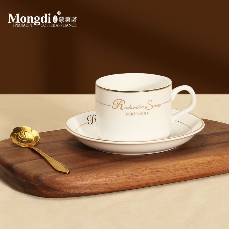 Mongdio 欧式咖啡杯拿铁杯 挂耳陶瓷轻奢办公室杯碟套装 金边一杯一碟一勺（金勺）