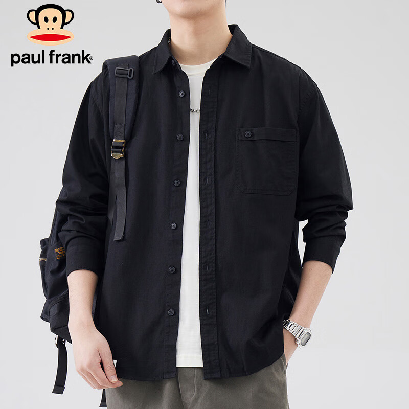 大嘴猴（paul frank）长袖衬衫男士春秋季简约宽松休闲衬衣男装美式外套男 黑色 XL