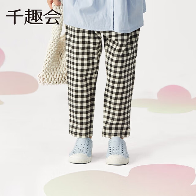 千趣会童装25年秋季儿童长裤男女童纯棉休闲裤幼儿园宝宝百搭裤子 深绿色(格纹) 140 cm
