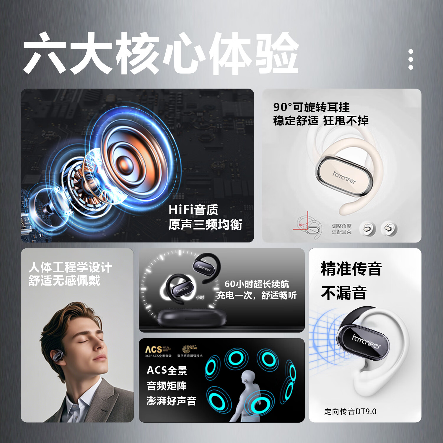 HAMANFER【空间全景音效】主动通话降噪挂耳式耳机 真无线蓝牙游戏运动耳机蓝牙 通用男女款开放式 星夜黑【开放不漏音 9D杜比音效】