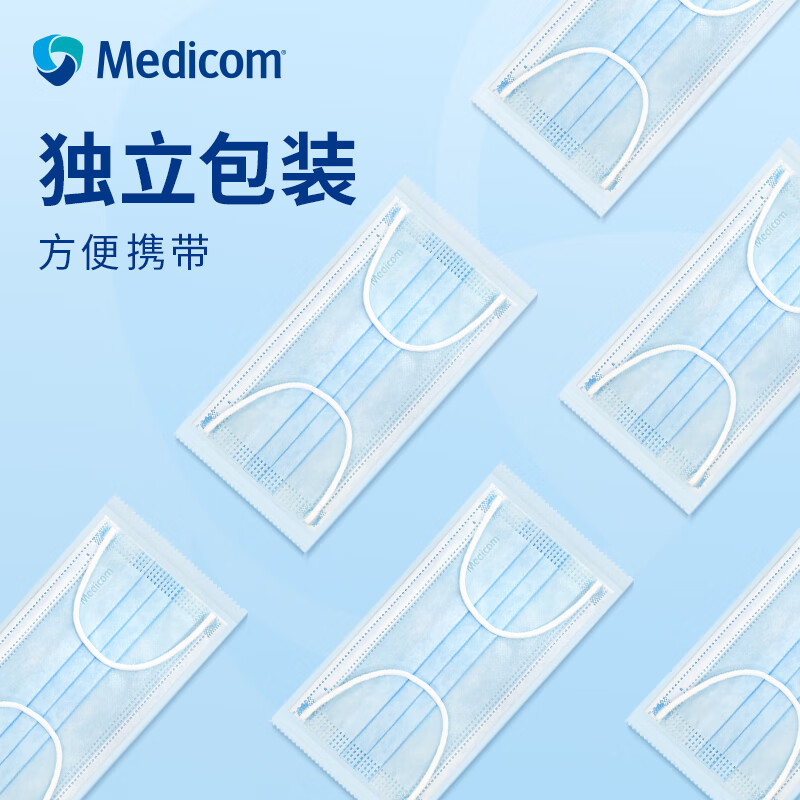 Medicom麦迪康医用外科口罩无菌型成人一次性三层防护透气薄款防晒 【非无菌蓝色】50只*2盒【非独立装100只】