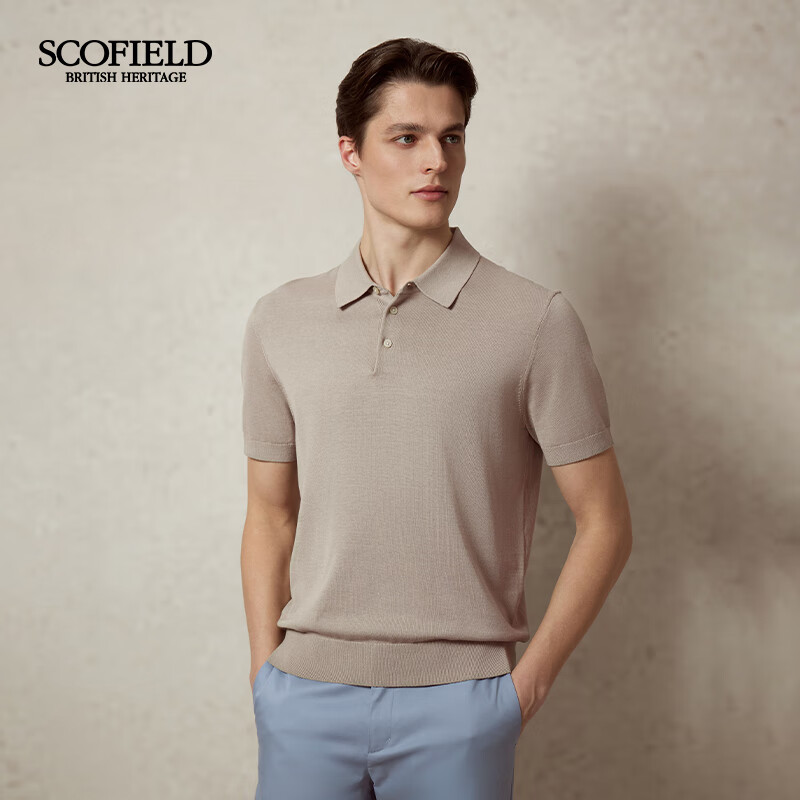 Scofield男士25年春季新款舒适桑蚕丝短袖时尚polo款针织衫毛衣 卡其色 XL (180)