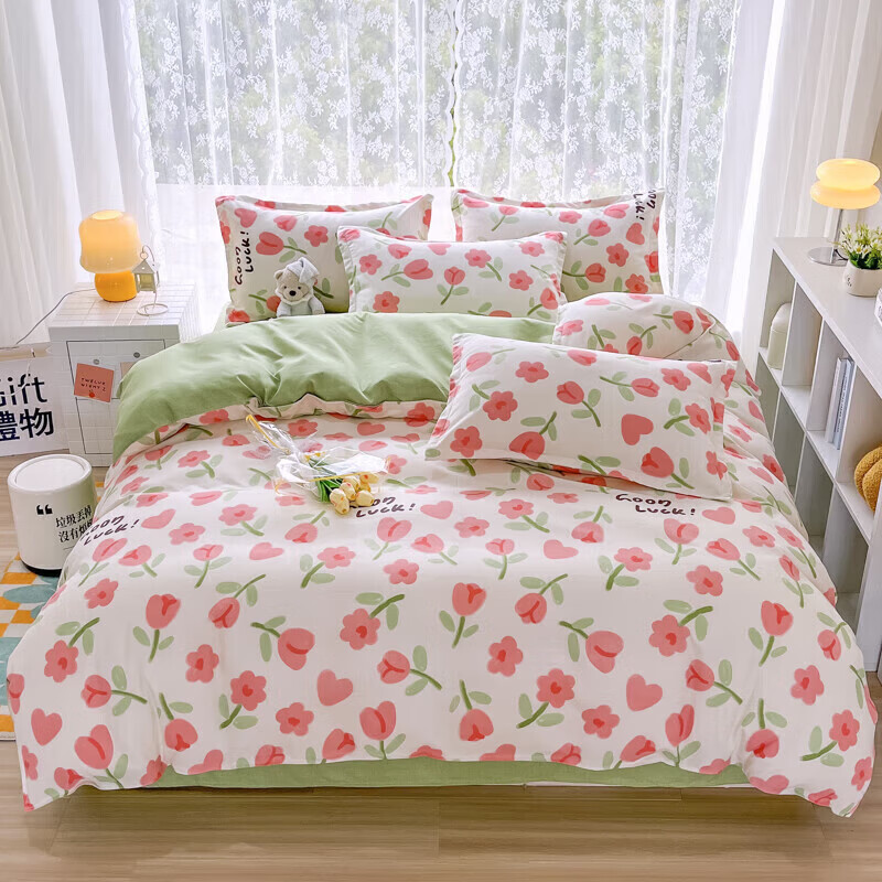 软贝磨毛四件套 透气亲肤印花卡通简约田园风被套床单款 映日逐光 2.0m床单款四件套(被套200*230cm
