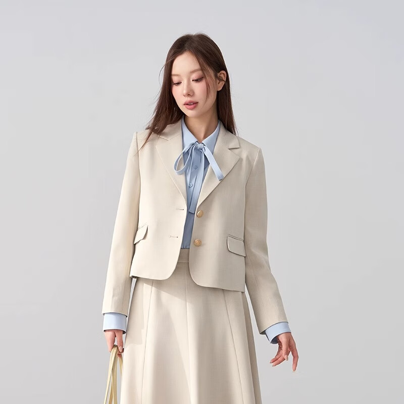 伯德小姐西裝套裝女開春小個子教師穿搭職業(yè)正裝面試氣質(zhì)西服外套 DXB137 米杏西裝+百褶裙 M -適合100-110斤可穿