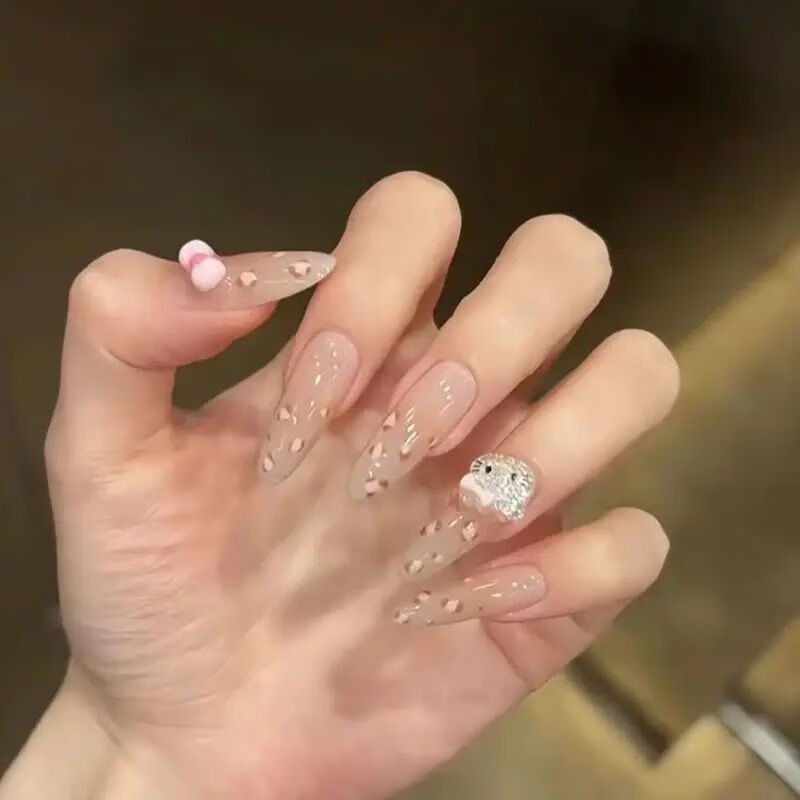 小粉豹纹Kitty猫手工穿戴甲爆款美甲显白中长款高级轻奢美甲贴片 豹纹Kitty S((小号(送工具5件)))