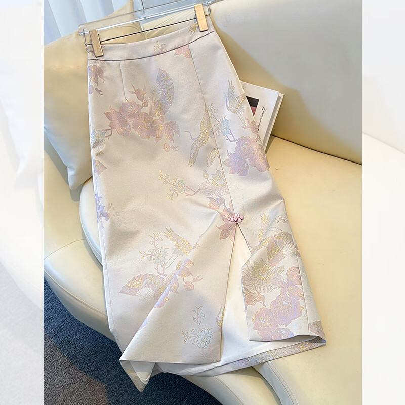 新中式国风提花a字半身裙女春夏2026新款刺绣开叉直筒中长包臀裙 粉色 M (27) 建议90-100斤