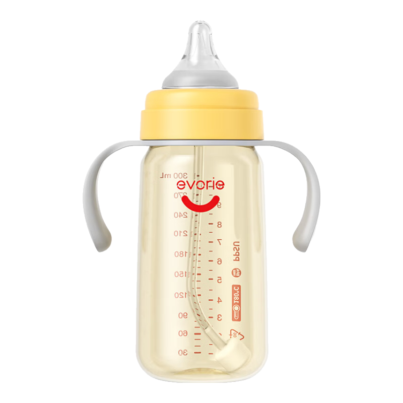 愛得利（evorie） 嬰兒奶瓶6個月以上 寬口徑帶手柄帶重力球PPSU奶瓶 300ml橙
