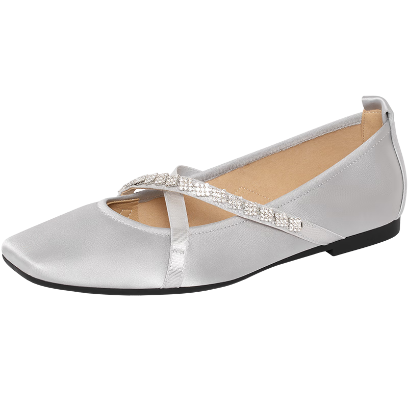 reemoor睿慕水鉆交叉綁帶瑪麗珍鞋2026春季新款法式方頭淺口單鞋 灰色 35