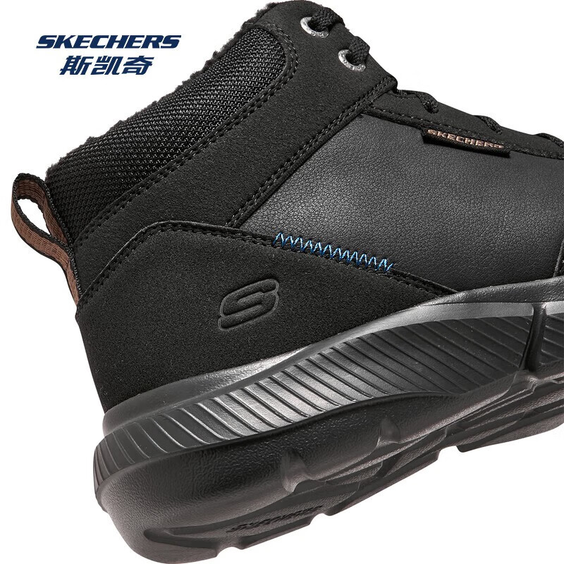 斯凯奇（Skechers）秋季新款男士绑带高帮鞋舒适保暖加绒柔软舒适鞋子 全黑色/BBK 42