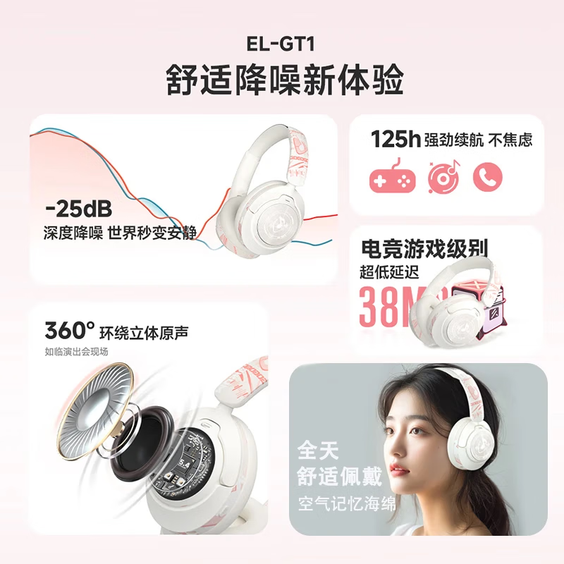 lvsonmng柏林之声适用索尼真无线蓝牙耳机头戴式国潮听歌电竞游戏有线耳麦电脑男女生跑步运动降噪蓝牙耳麦 樱花粉