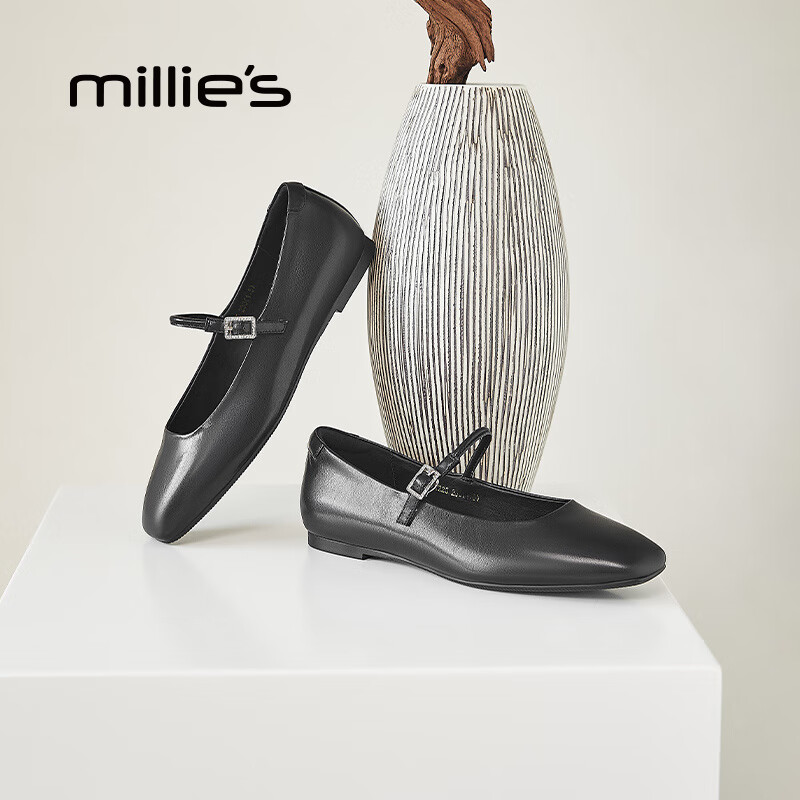 妙丽（Millies）玛丽珍鞋女低跟方头平底小皮鞋2026春季新款百搭潮流浅口休闲单鞋 黑色 38 (240mm) 标准码
