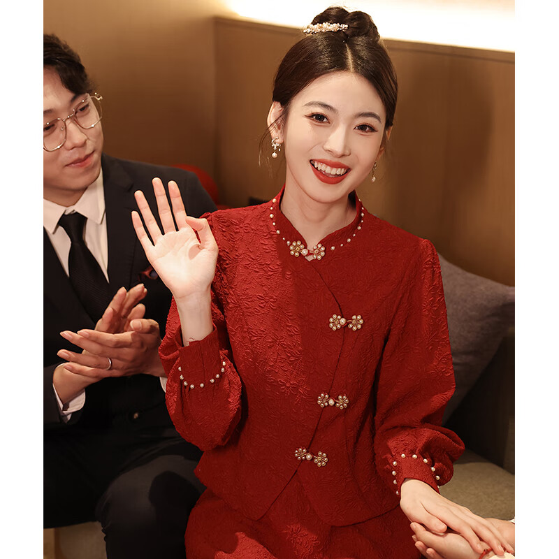 CamalgOri敬酒服新娘平時(shí)可穿小個(gè)子旗袍2025新款紅色訂婚禮服連衣裙新中式 酒紅色MS2462 M 均碼