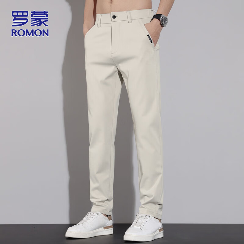 罗蒙（ROMON）休闲裤男士直筒裤子男夏季商务百搭修身长裤男裤 米白色 31