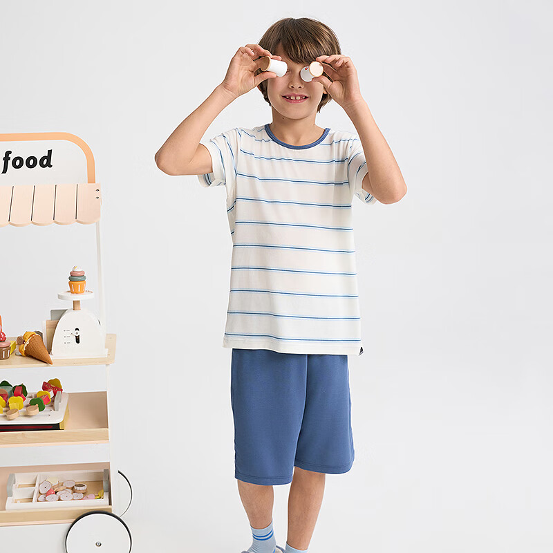 爱慕儿童春新品儿童家居服套装莫代尔男女童短袖上衣/背心五分裤睡衣t恤套 短袖套装-青蓝纹 150 (65-85斤)