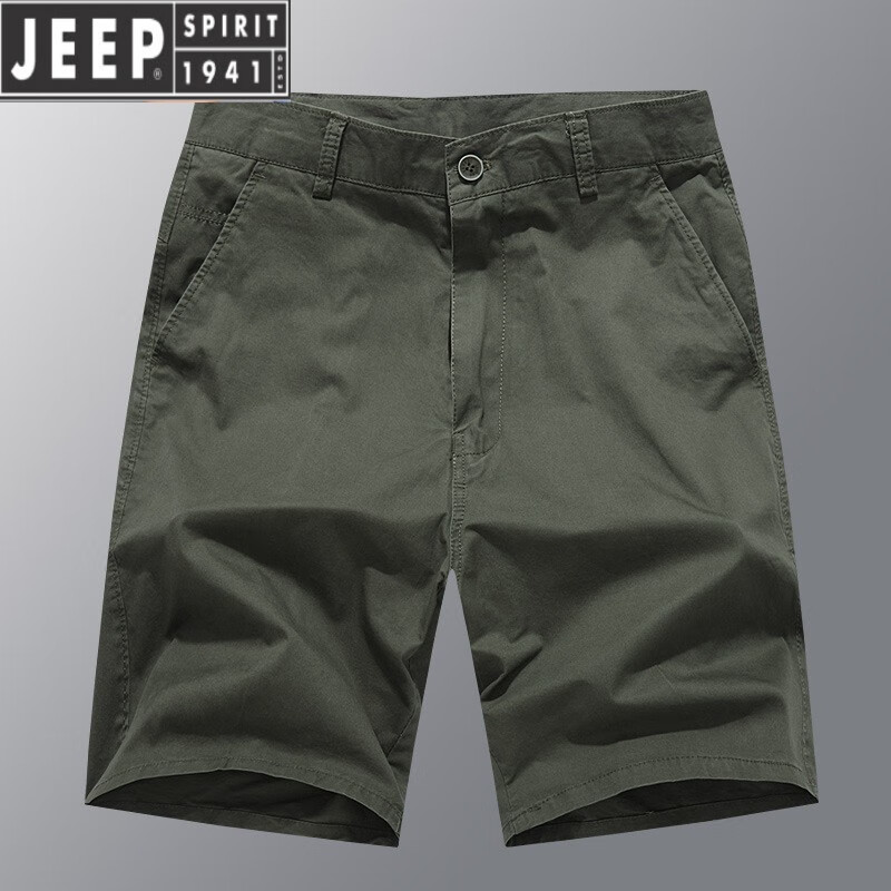 JEEP SPIRIT棉質(zhì)休閑短褲直筒夏季薄款中褲男五分褲子寬松大碼百搭商務(wù)短西褲 軍綠色 30