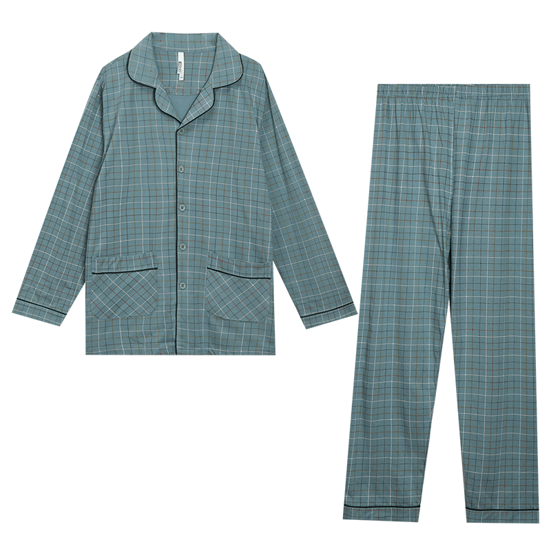 紅豆居家【春上新】男女純棉精梳情侶睡衣男格紋情人節(jié)家居服 山黛藍(lán) XL