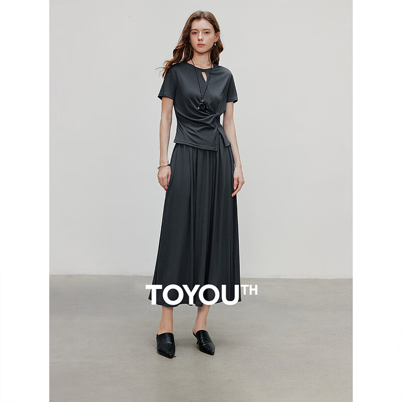 初语优可丝扭结T恤半身裙套装女2025夏季新款法式气质显瘦两件套 灰蓝色 M