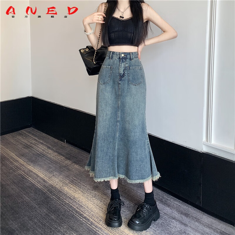 ANED梨形身材牛仔半身裙女夏季新款大码胖mm中长款高腰显瘦a字鱼尾裙 复古蓝 S 【80-90斤】