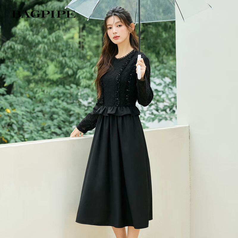 风笛（Bagpipe）风笛2025春季新款法式蕾丝拼接假两件连衣裙女气质长袖中长裙 黑色 XL 170