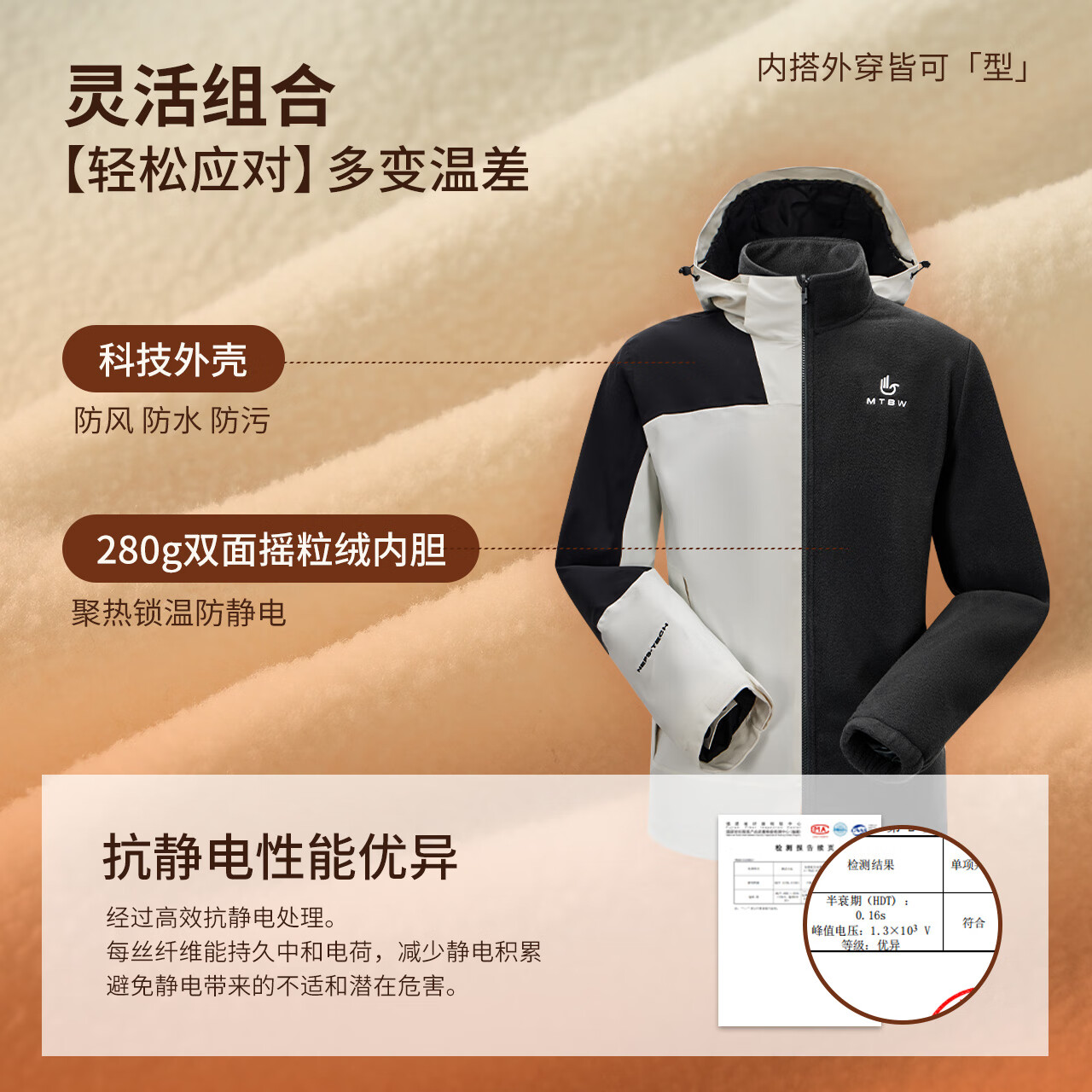 美特斯邦威男女拼色摇粒绒内胆冲锋衣25年春季新款时尚三防登山服 黑蓝组 单冲 M 170