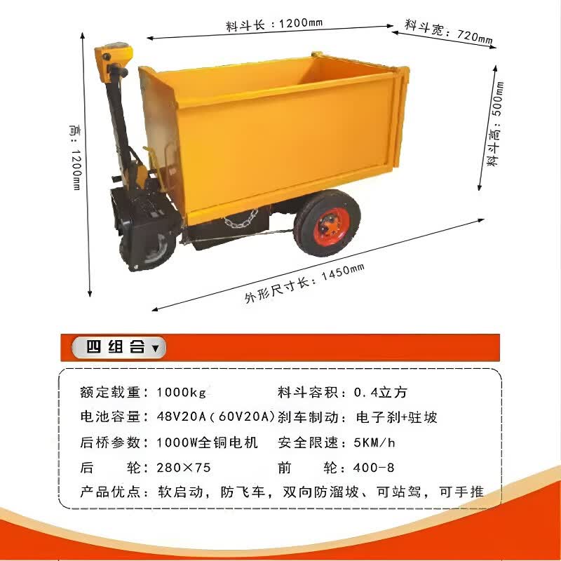 胜鑫惠电动翻斗车农用搬运车四开门电动三轮车拉货工程车建筑工地手推车 1米2四组合48V20A