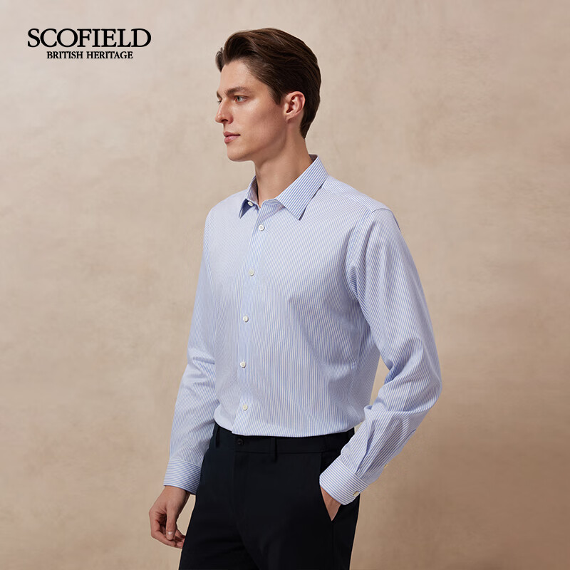 Scofield【免烫】男装25年春季新款简约时尚通勤条纹长袖衬衫 蓝色 L (175)