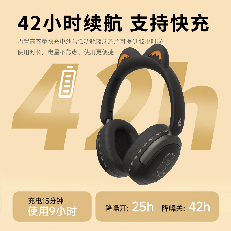 漫步者Fit Cat 加菲猫联名蓝牙耳机头戴式降噪礼盒包装无线耳麦音乐游戏节日礼品 尺玉白【主动降噪 金标音质】