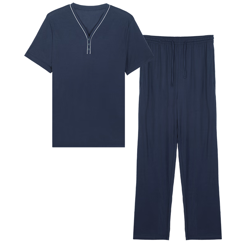 IVU【商場新品】莫代爾短袖v領男士家居服套裝可外穿睡衣禮物ULY0176 深藍色 2XL