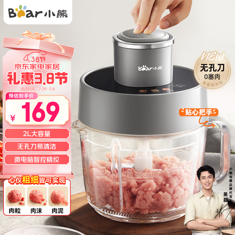 小熊（Bear）绞肉机家用 绞馅机 碎肉机 电动料理搅拌打肉机蒜蓉机 2L粗细可调搅肉机 QSJ-F03X2