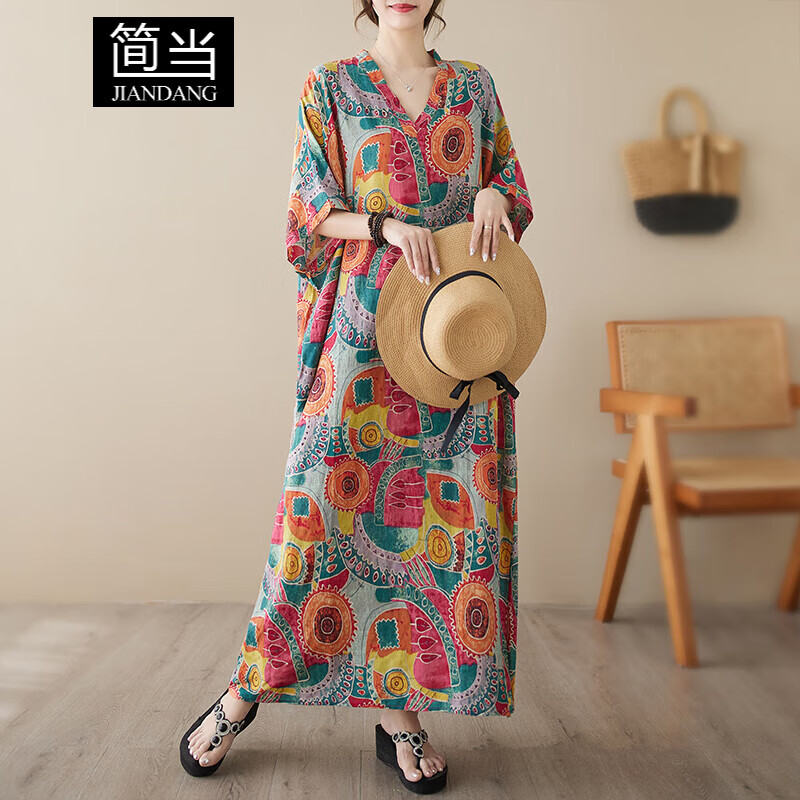 簡(jiǎn)當(dāng)（JIANDANG）大碼女裝夏季V領(lǐng)薄寬松文藝度假風(fēng)沙灘裙復(fù)古遮肉連衣裙5850 紅色 大碼均碼【130-200斤】