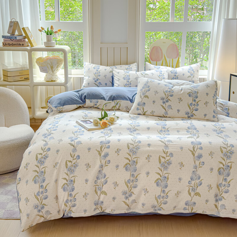 多兰诗（Duolanshi）A类小清新有氧提花四件套亲肤透气宿舍单双人春夏四件套 暗香蓝 1.8米 床单款 被套200*230 四件套