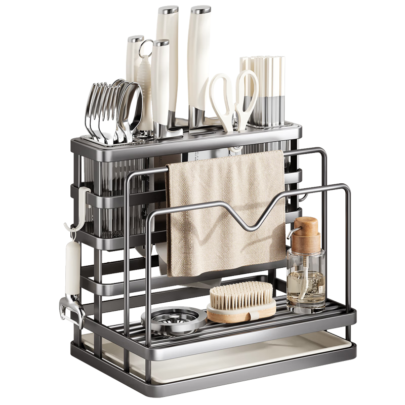 美廚物語304不銹鋼刀架置物架廚房刀具置物架菜刀菜板筷子用具大全收納架 【多功能刀架】槍灰