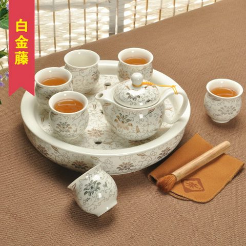 76茶業(yè)陶瓷大茶盤(pán) 青花托盤(pán)圓形茶托 實(shí)木雙層茶杯茶臺功夫茶具 金藤花-8頭套裝