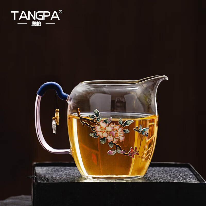 唐帕（TANGPA）景泰藍(lán)耐高溫玻璃泡茶公道杯掐絲銀日式茶海手柄防燙分茶器倒茶杯 景泰藍(lán)耐熱玻璃公道杯_碟戀花