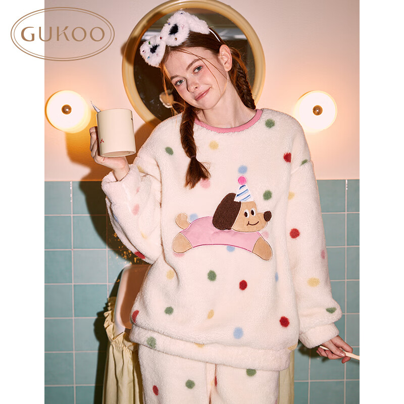 果壳（Gukoo）睡衣女冬季新款轰轰小狗系列毛绒保暖女士圆领家居服套装可外穿D 奶油白 S