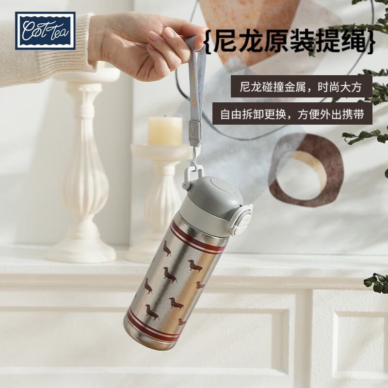 TAEFAIR多款图案纯钛保温杯弹盖双饮吸管水杯便携车载杯精致养生杯500ml H-多只腊肠狗纯钛保温杯500ml