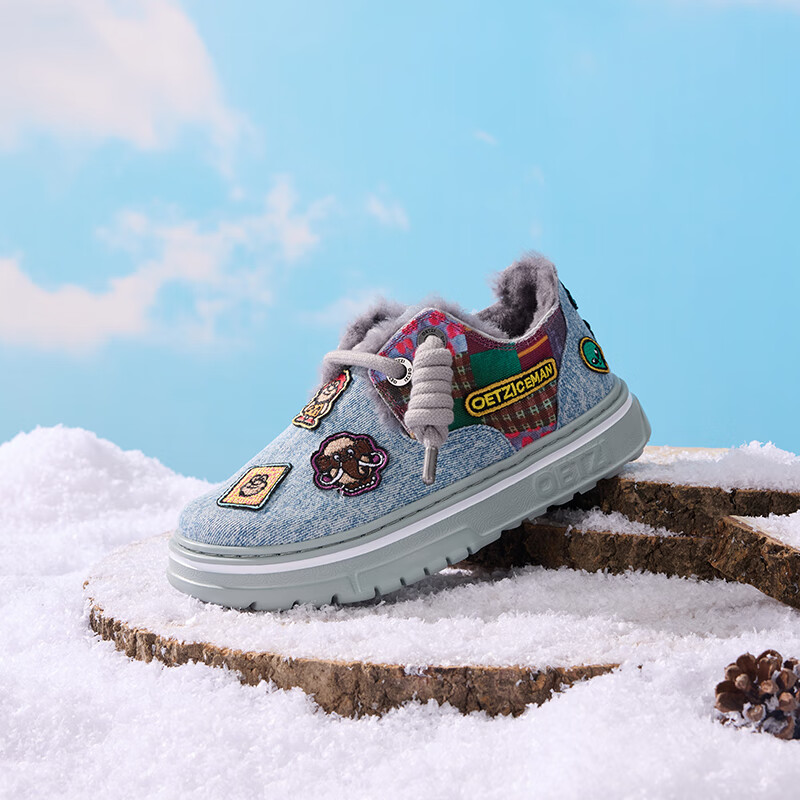 OETZI冰人奥兹 雪地靴冬季加绒保暖休闲鞋低帮刺绣帆布大头丑鞋 棉鞋 蓝色/酒红色T23340222 38