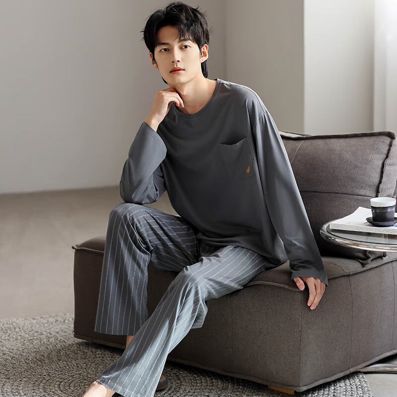 洁丽雅睡衣男士秋季薄款男生莫代尔凉长袖青少年大码舒适睡裤家居服套装 【长袖长裤】深灰色套头套装 L 【建议100-130斤】