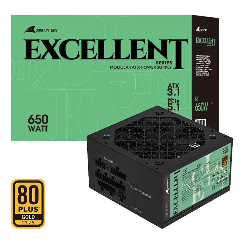 长城（Great Wall）E系列金牌全模台式机电脑电源（ATX3.1标准/PCIe5.1/全电压/单路12V/漏电监测/） E6金牌全模ATX3.1（额定650W）