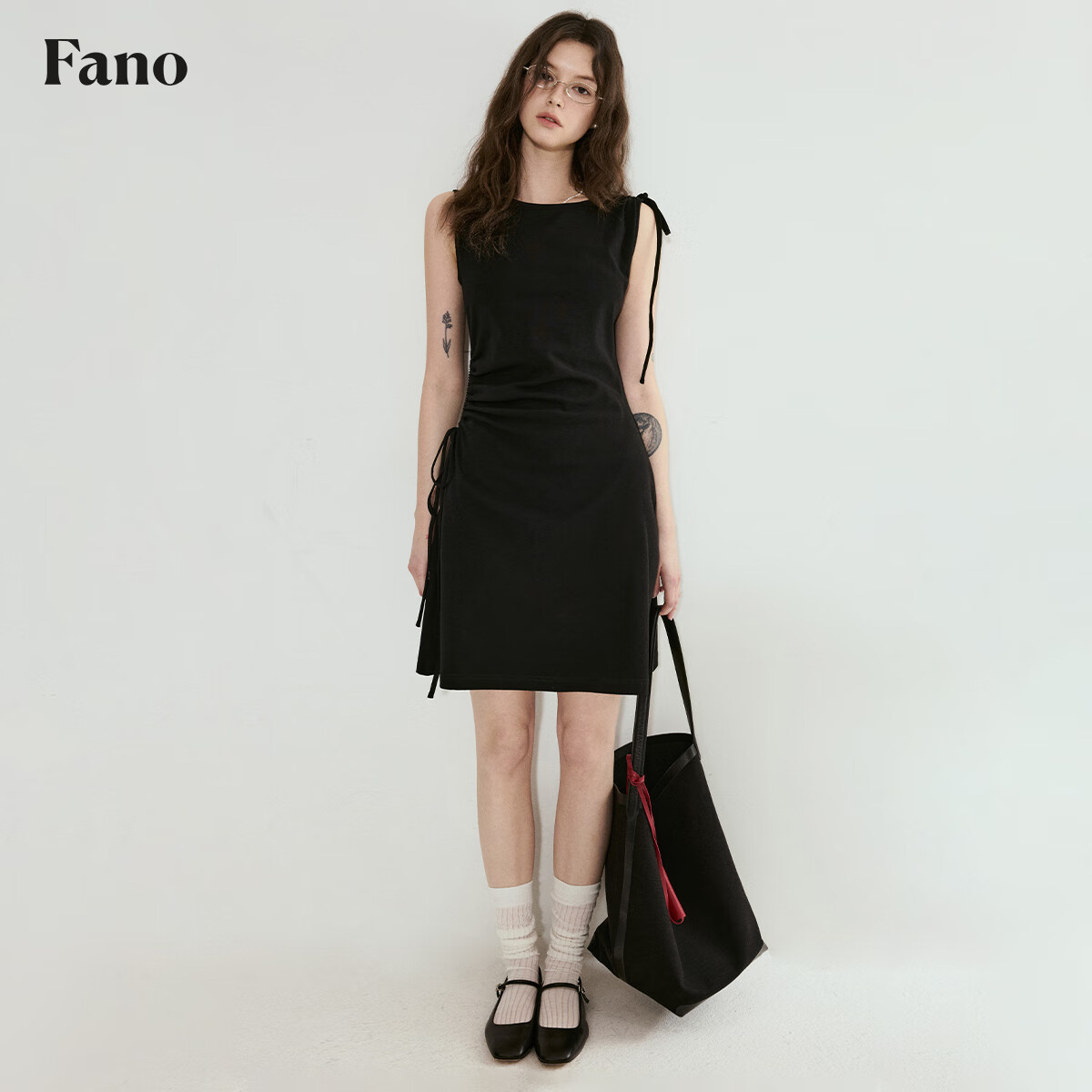 fano studios范洛Fano 小黑裙针织连衣裙女夏显瘦设计感小众不对称抽绳小个子 黑色第二批 M