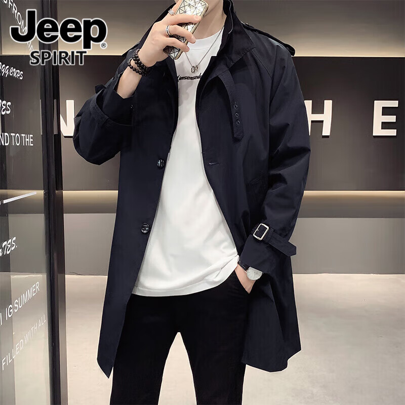 JEEP SPIRIT吉普男士风衣中长款春秋冬季时尚潮流宽松休闲高级感百搭防风外套 黑色 L